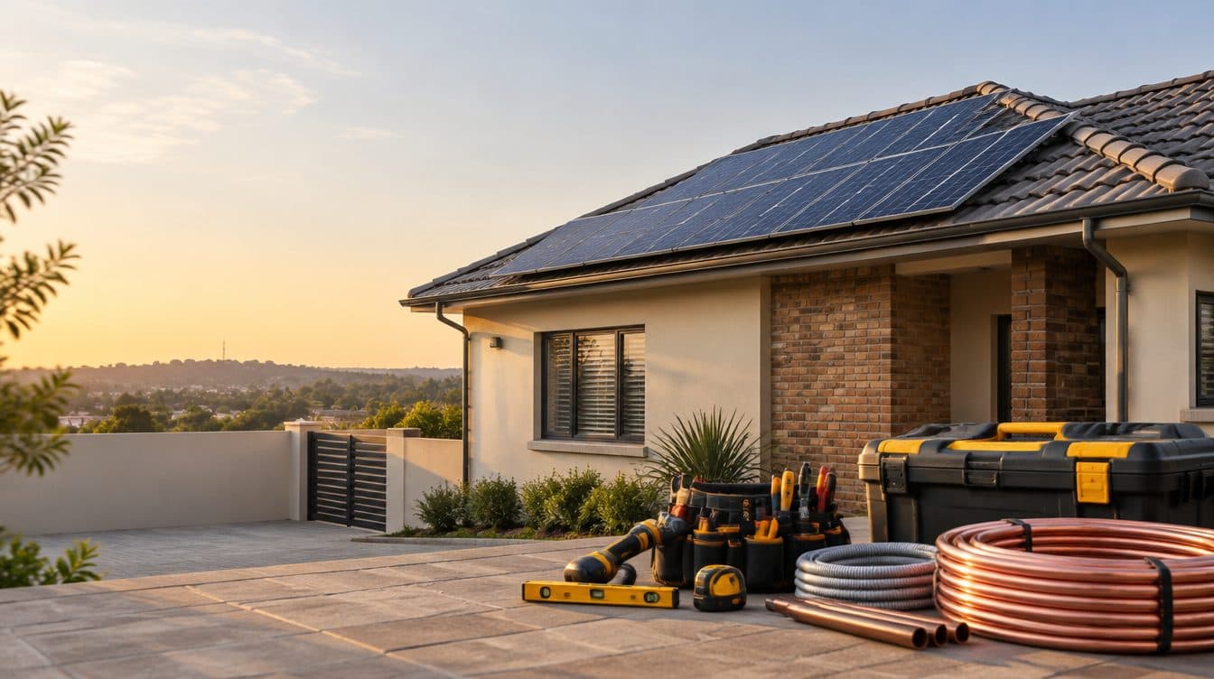 A South African suburban home with rooftop solar panels and trades tools laid out in the driveway